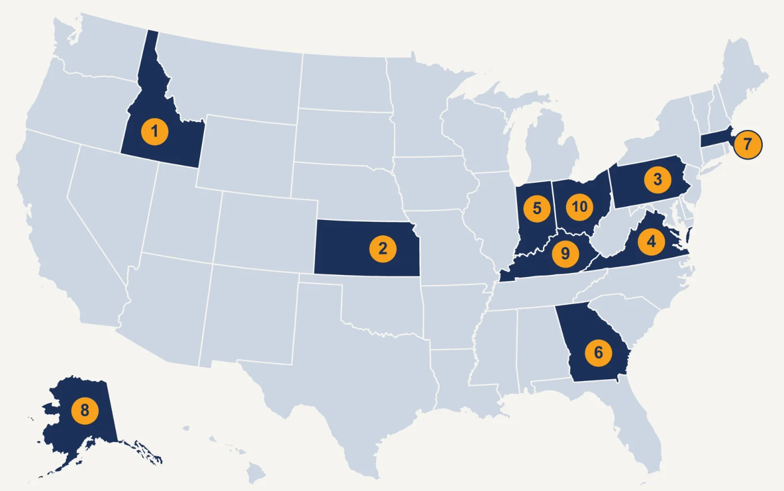 Map of the 10 states with a Christian Education Network affiliate: Idaho, Kansas, Pennsylvania, Virginia, Indiana, Georgia, Massachusetts, Alaska, Kentucky and Ohio