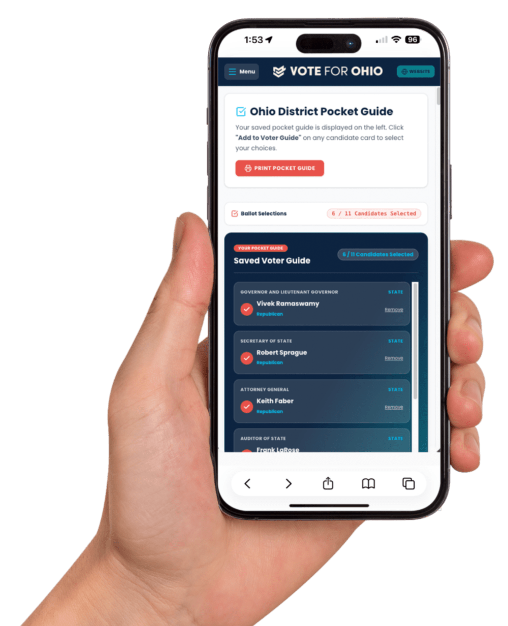 The Vote For Ohio personalized voter guide on a phone
